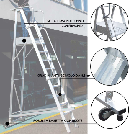 Scala mobile a palchetto SCOMPONIBILE con piattaforma e base stabilizzante - 17 gradini