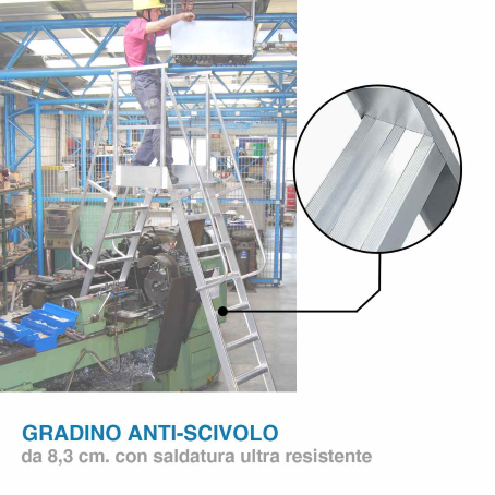 Scala professionale a palchetto con piattaforma e piastre di fissaggio al suolo - 8 gradini
