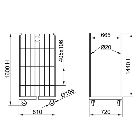 Roll Container 2 pareti dim. 70x80x160h/ Portata 500 Kg