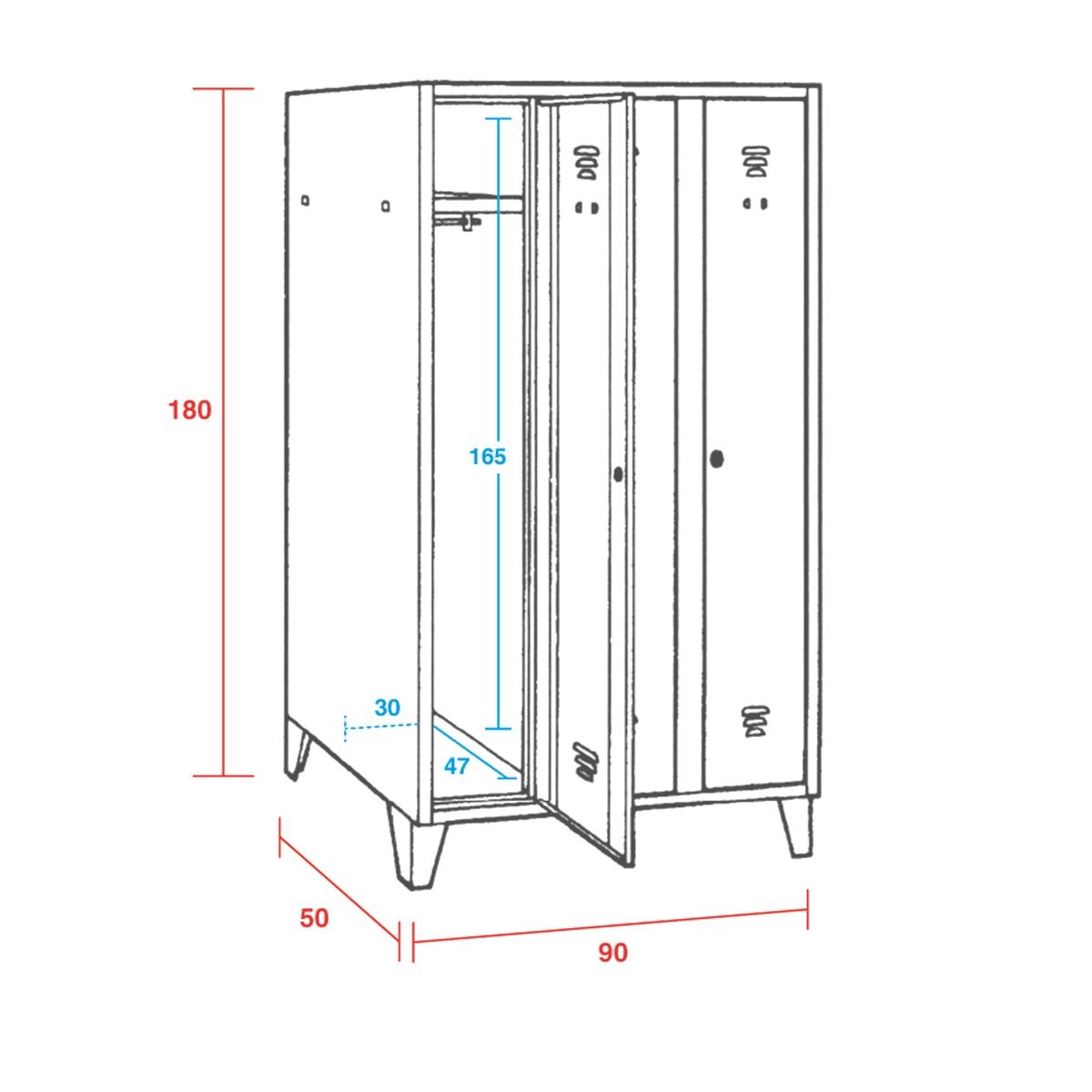 Armadio spogliatoio 3 posti stretto / cm.90x50x180H 