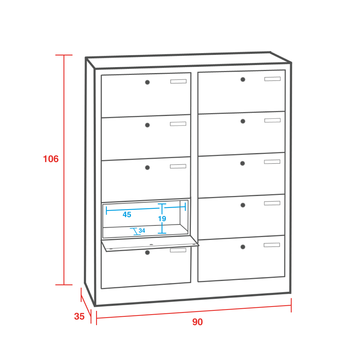 Cartelliera porta PC da 10 caselle - Dim. 90x36x106H cm.