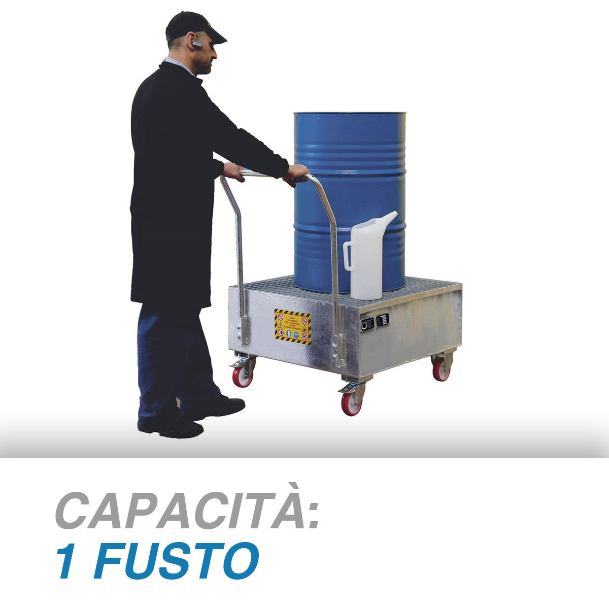 Vasca di raccolta zincata con ruote per 1 Fusto 200 Litri/ cm.L.86xP.86xH.117