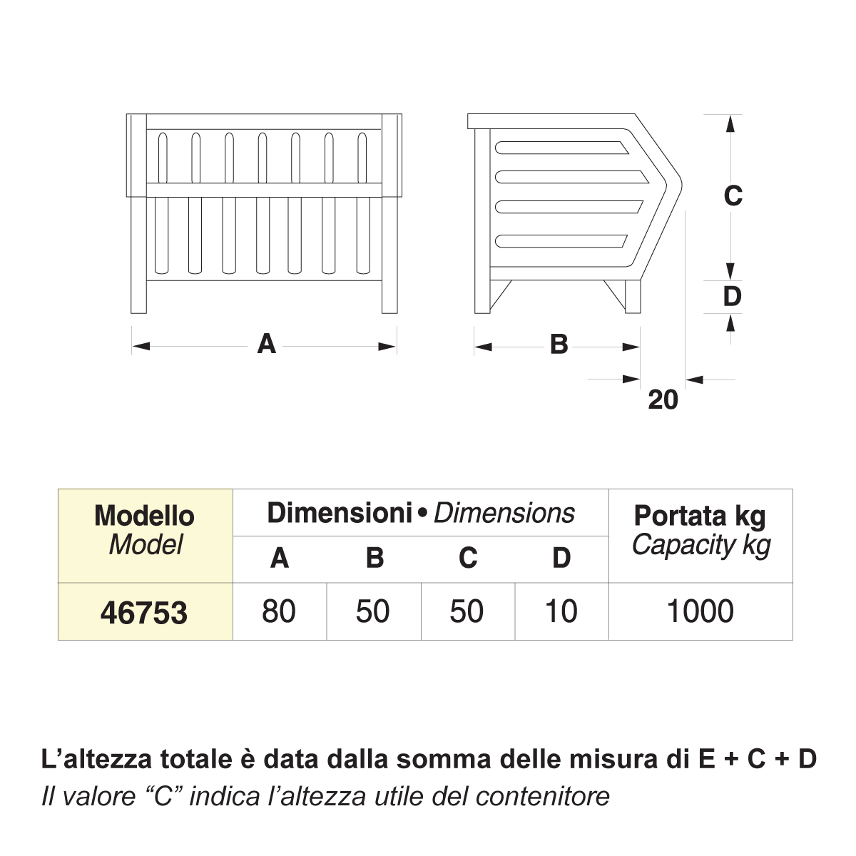 Contenitore metallico a bocca di lupo su piedi - Dim.80x50x60 (1000 KG)