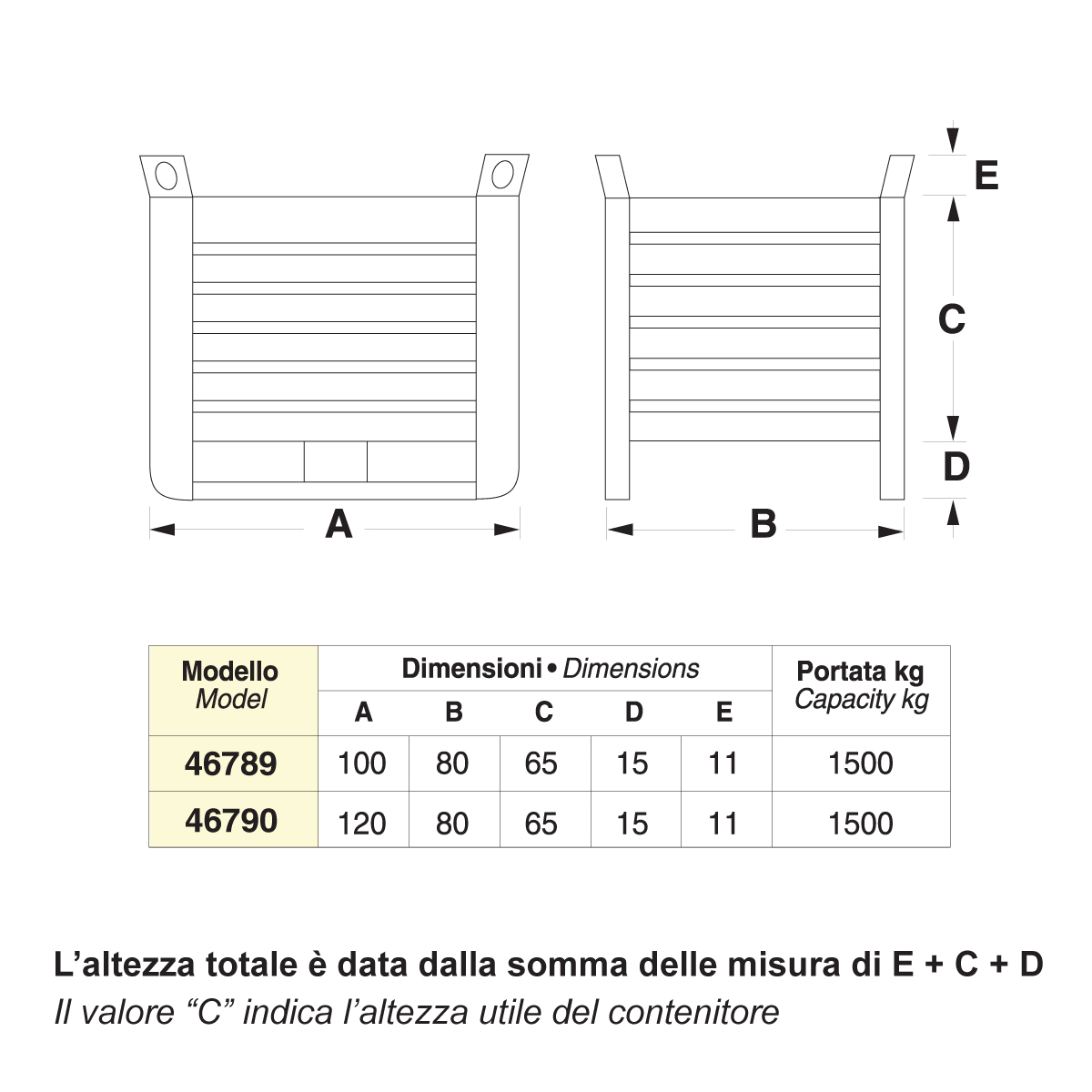 Contenitore metallico su slitte - porta lato corto - Dim.120x80x91 (1500 KG)