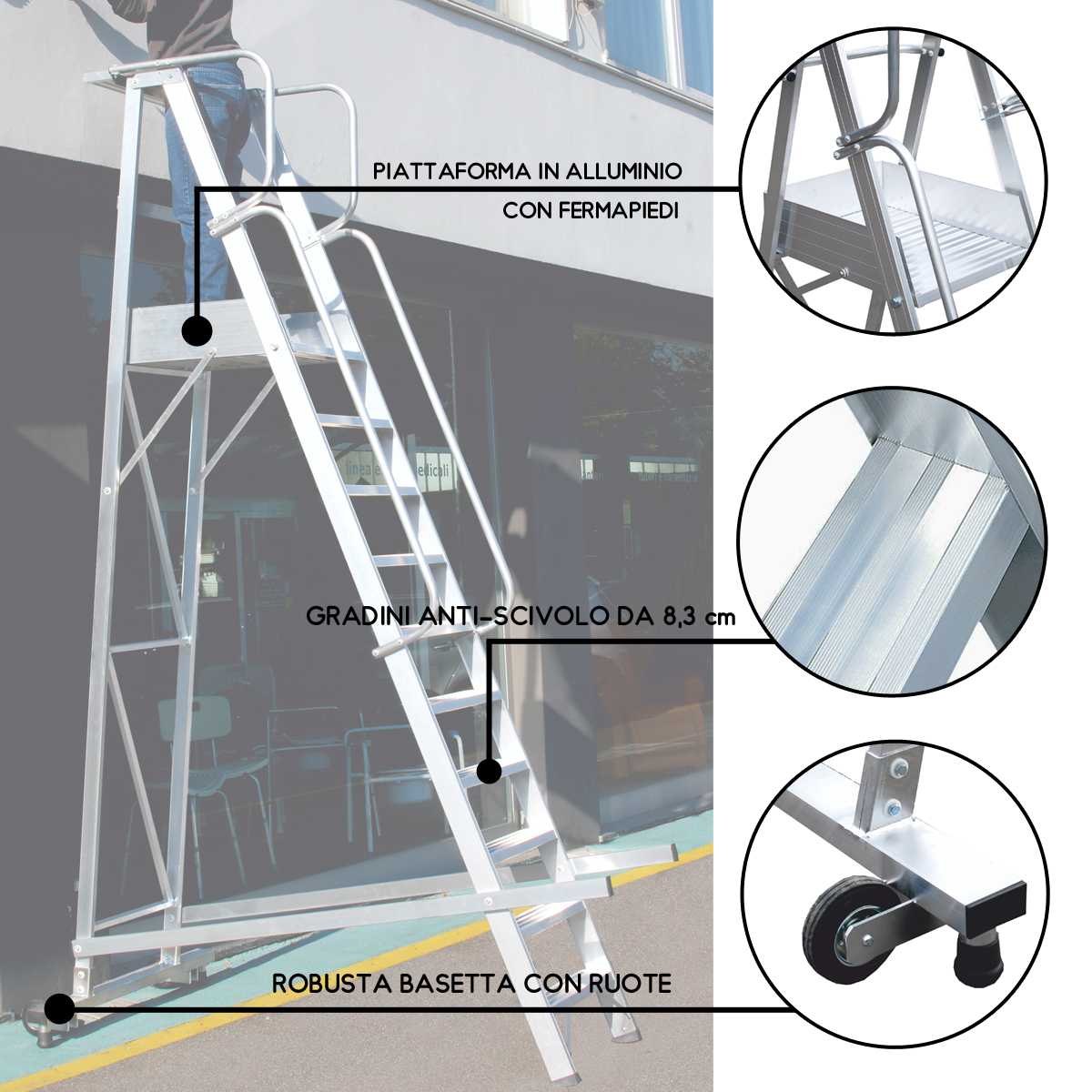 Scala mobile a palchetto SCOMPONIBILE con piattaforma e base stabilizzante - 10 gradini