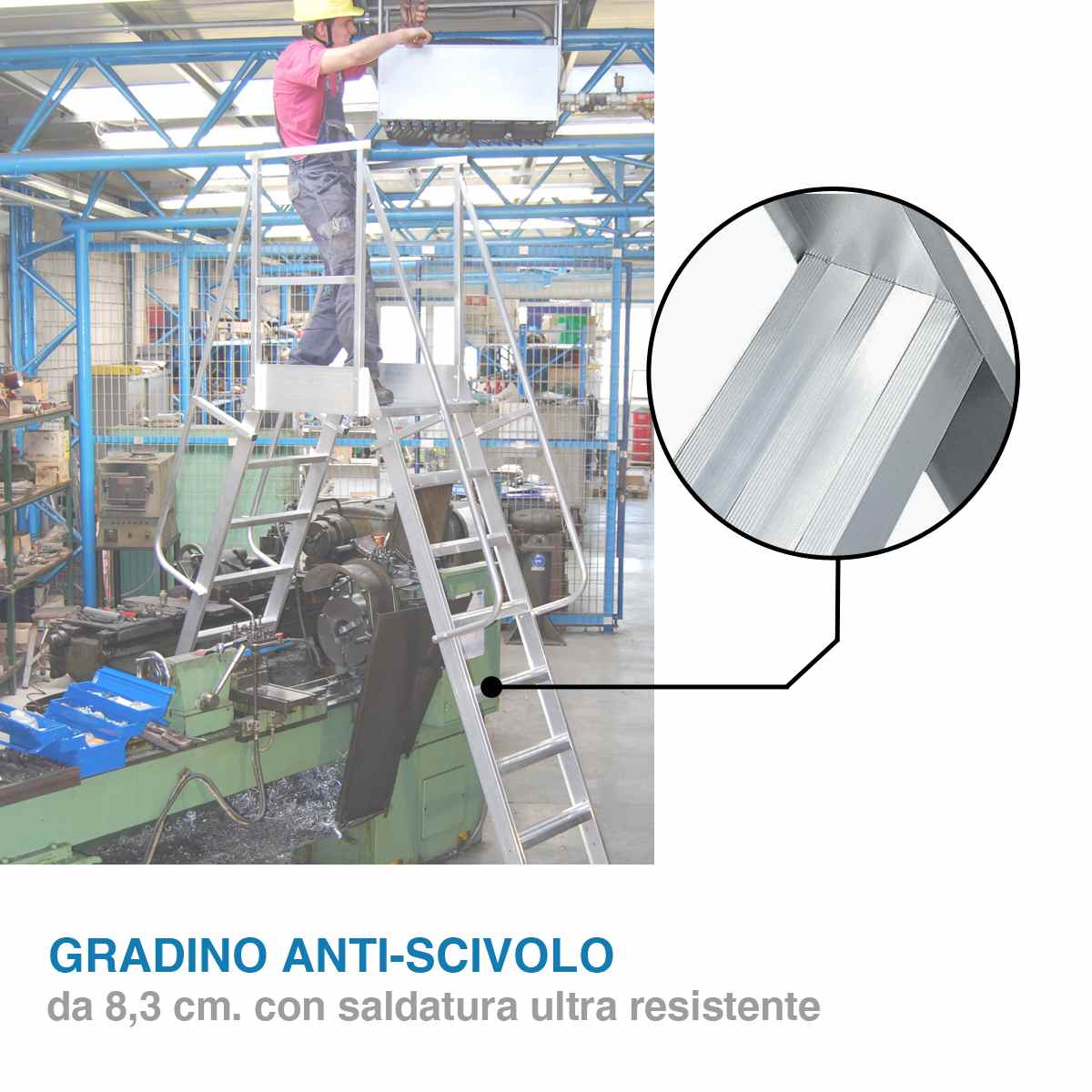 Scala professionale a palchetto con piattaforma e piastre di fissaggio al suolo - 5 gradini