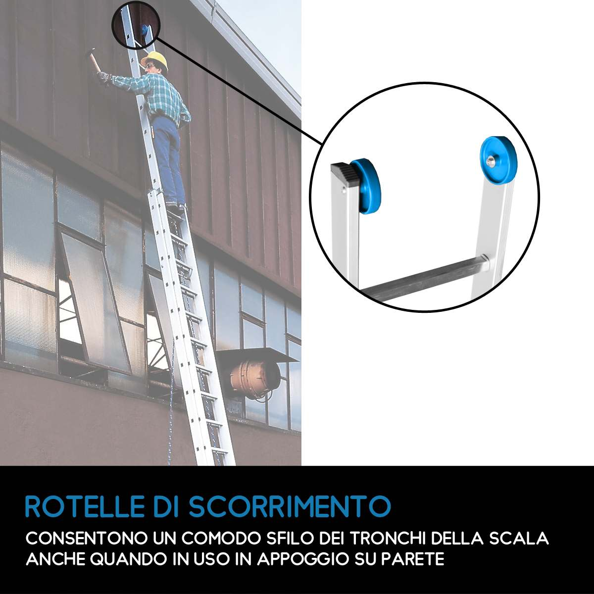 Scala professionale allungabile in 2 tronchi con fune - 28 gradini