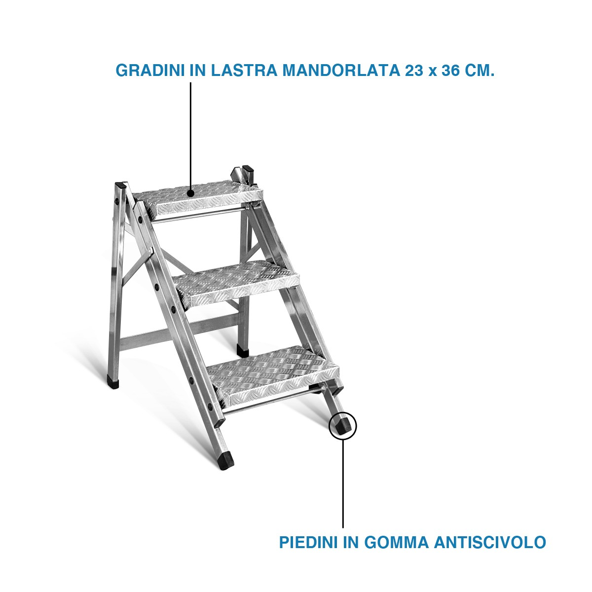 Sgabello pieghevole in alluminio con gradini in lastra mandorlata - 3 gradini