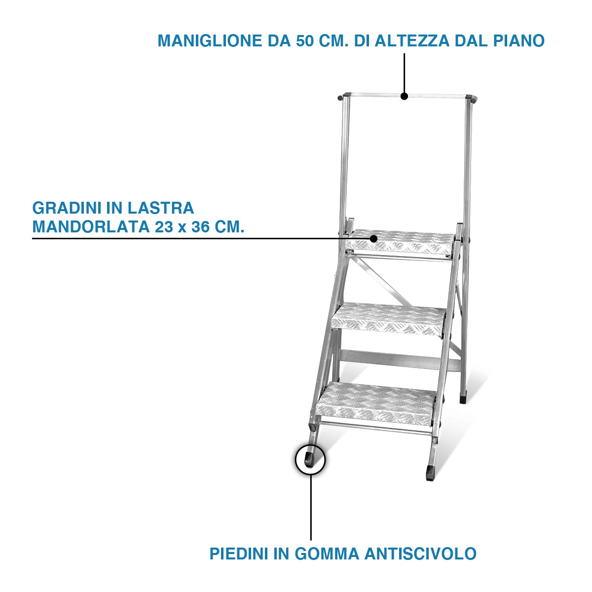 Sgabello pieghevole in alluminio con gradini in lastra mandorlata e maniglione - 4 gradini
