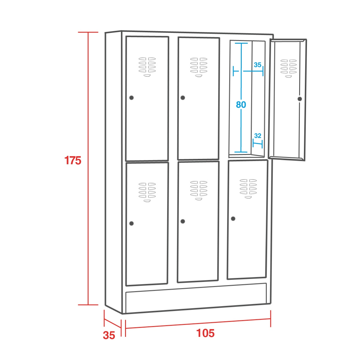 Armadio sovrapposto su zoccolo 6 vani - cm. 105X35x175H
