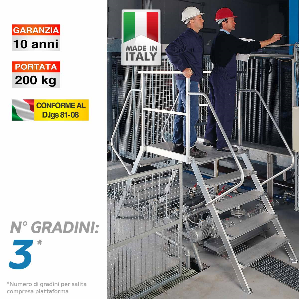 Scala fissa a doppia salita con piattaforma e parapetto (larghezza rampa: 60 cm.) - 3 gradini