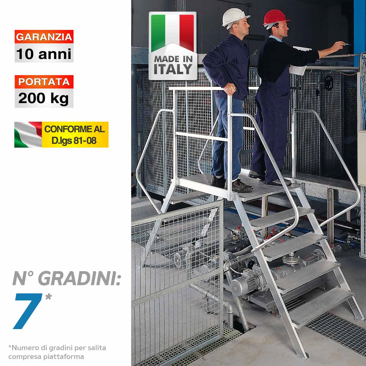 Scala fissa a doppia salita con piattaforma e parapetto (larghezza rampa: 80 cm.) - 7 gradini