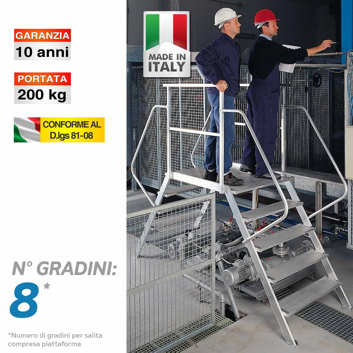 Scala fissa a doppia salita con piattaforma e parapetto (larghezza rampa: 80 cm.) - 8 gradini
