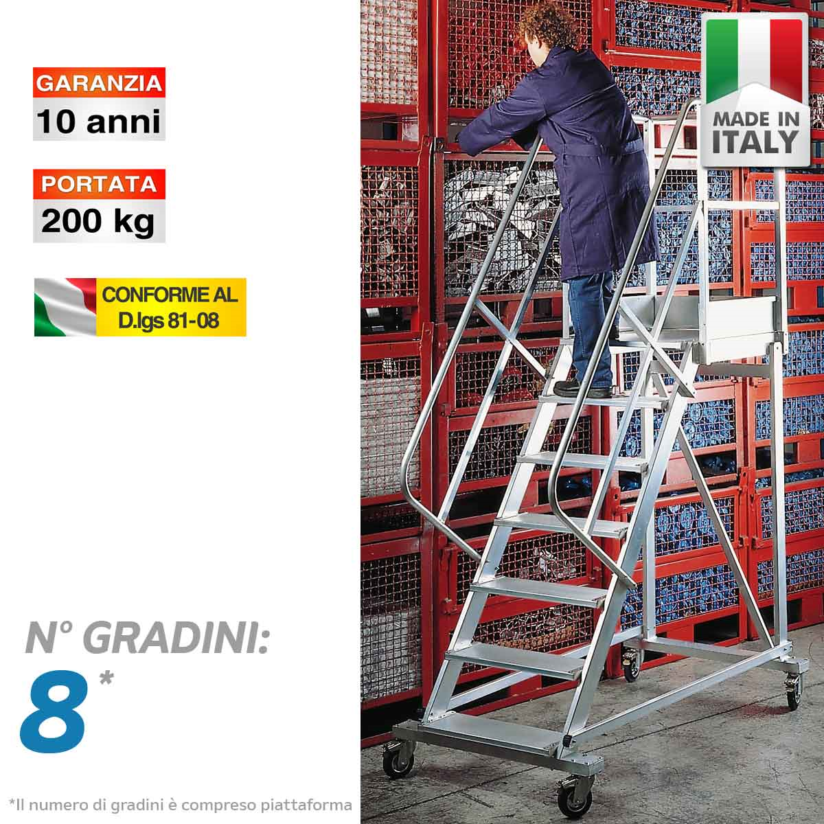 Scala a palchetto su ruote con piattaforma e parapetto (larg. rampa: 60 cm.) - 8 gradini