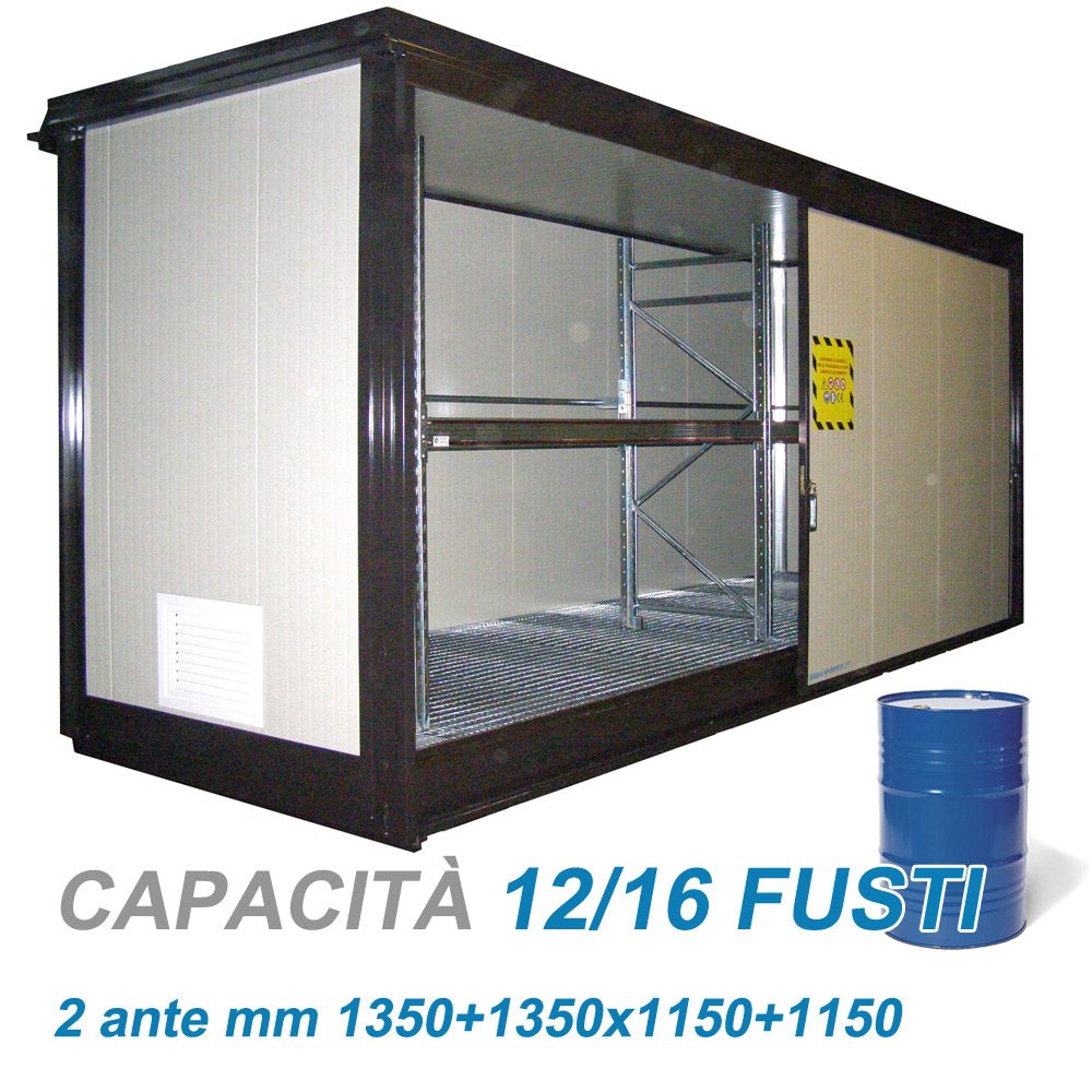 Box in acciaio coibentato con vasca – 12/16 Fusti / cm. L.323xP.170xH.296