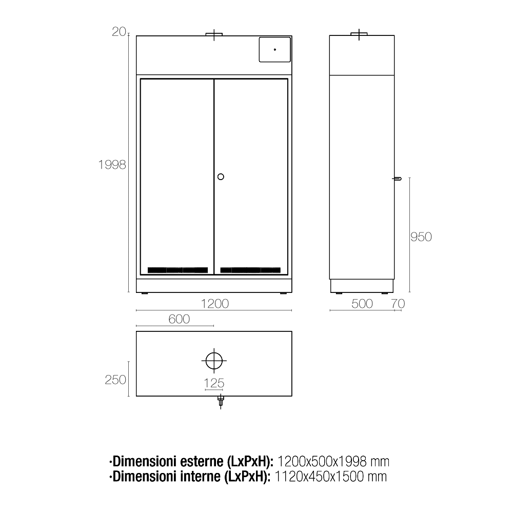 Armadio Sicurezza 160 Litri 2 Ante cm L.120xP.50xH.200