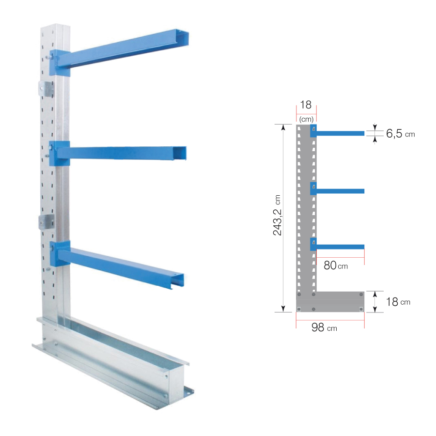 Colonna Cantilever H.250 – con 3 mensole da 80 cm Monofronte
