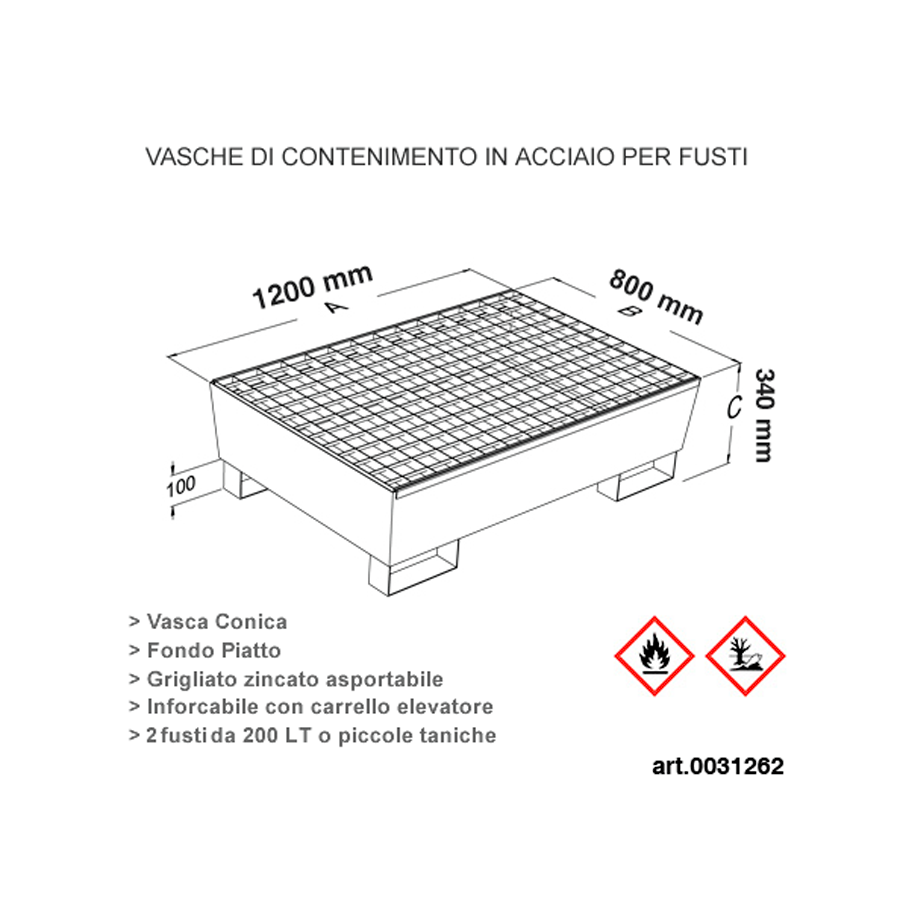 Vasca di Raccolta Per 2 Fusti in Acciaio Zincato - cm.120x80x34