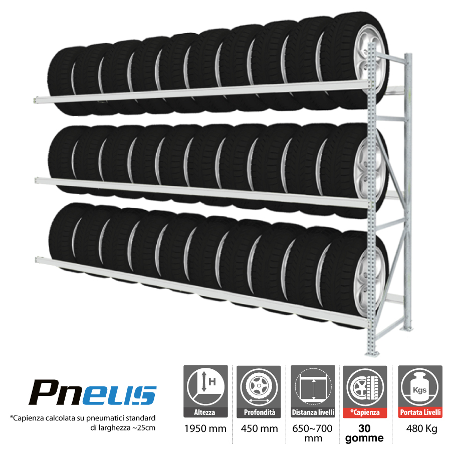 Scaffali per pneumatici per 30 gomme / cm. L.240xP.50xH.195 - AGG.VO