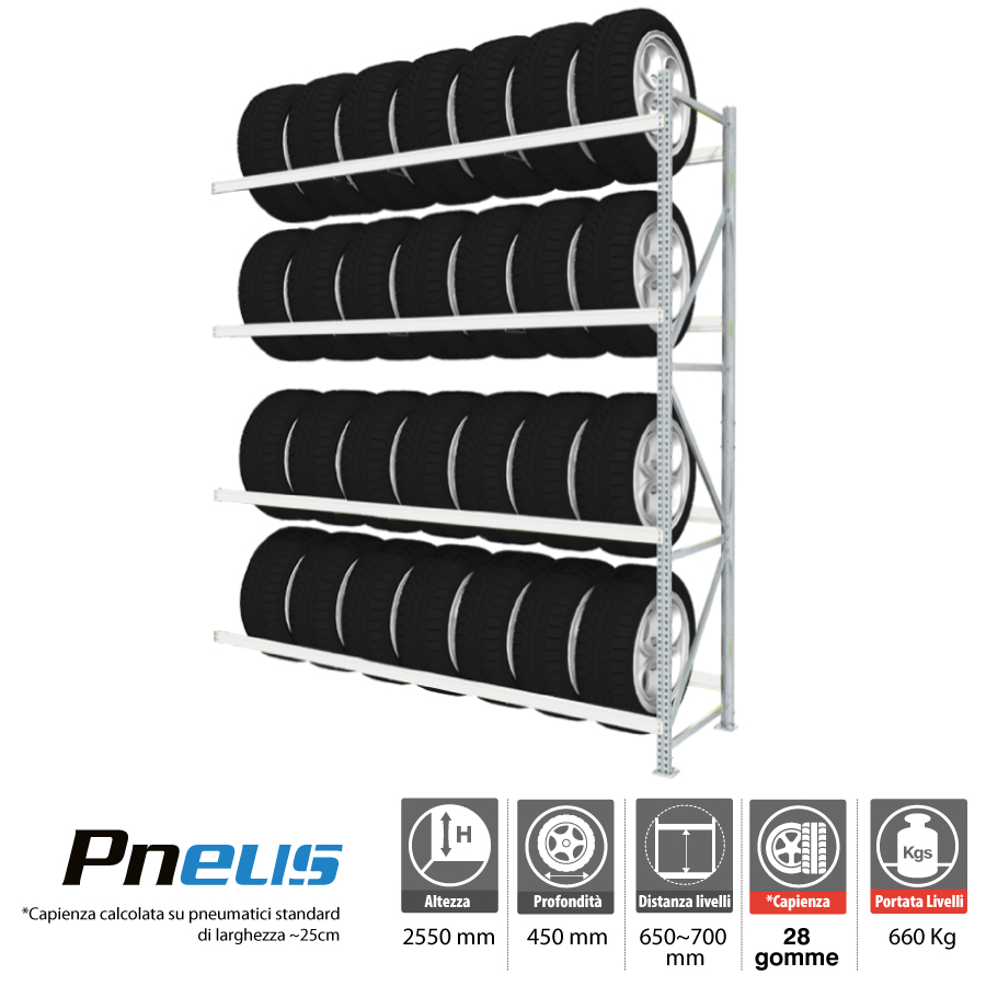 Scaffale portagomme per 28 pneumatici / cm. L.180xP.50xH.255 - AGG.VO