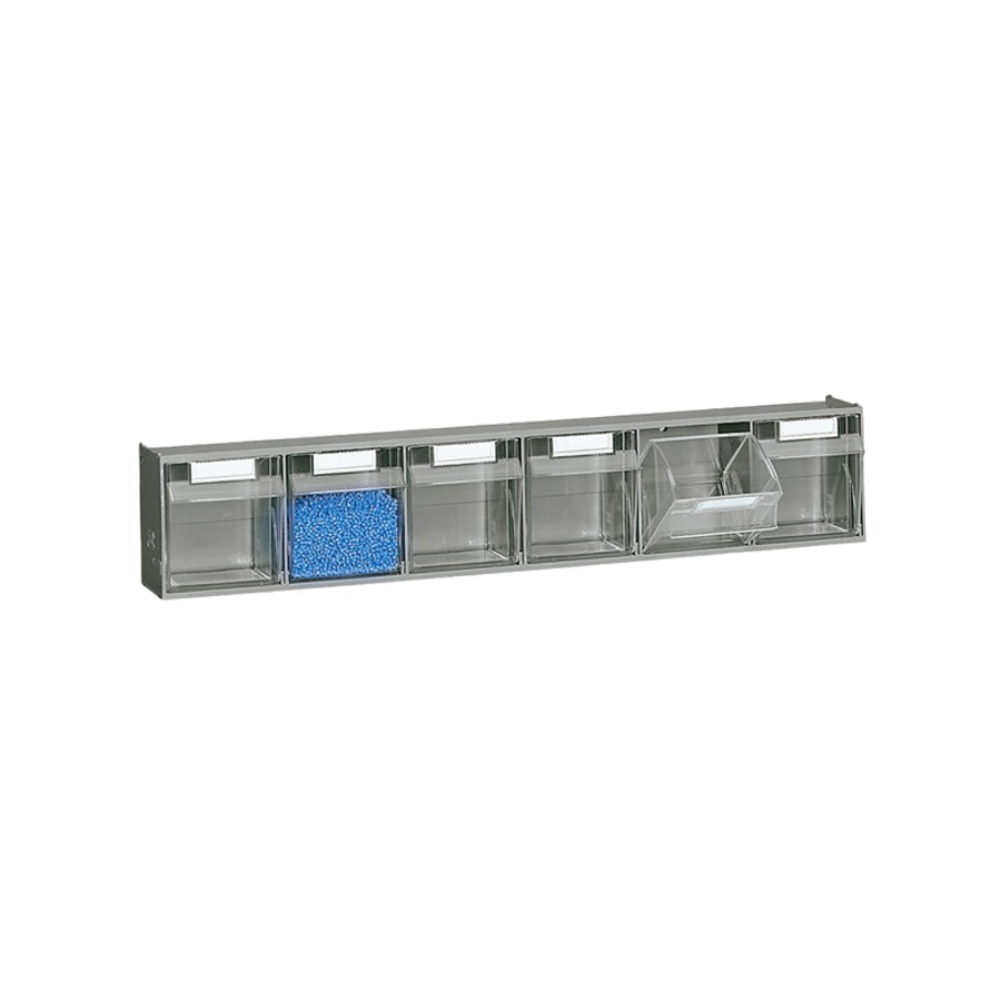 Casettine plastica trasparente a 6 Scomparti, apertura basculante / cm. L.60xP.10xH.11