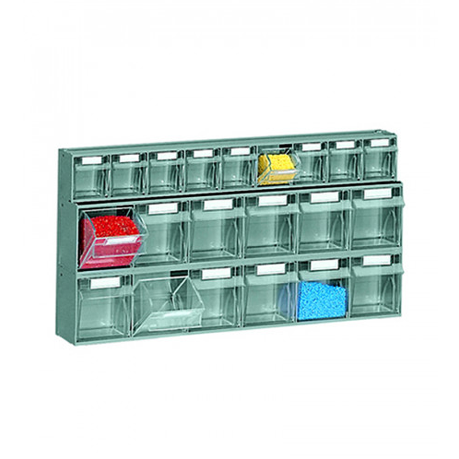Scaffale con cassette porta-minuterie a ribalta, 21 Scomparti di misure differenti / cm. L.60xP.11xH.30