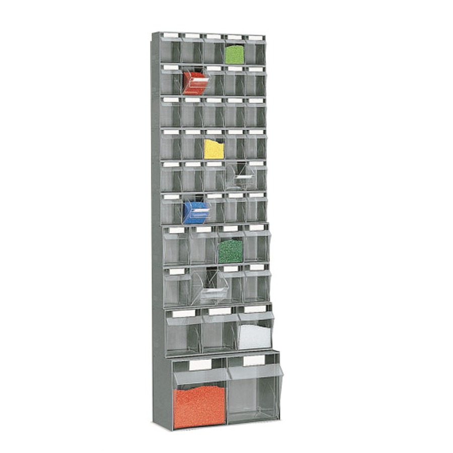 Scaffale con cassette porta-minuterie a ribalta, 43 Scomparti di misure differenti / cm. L.60xP.33xH.199