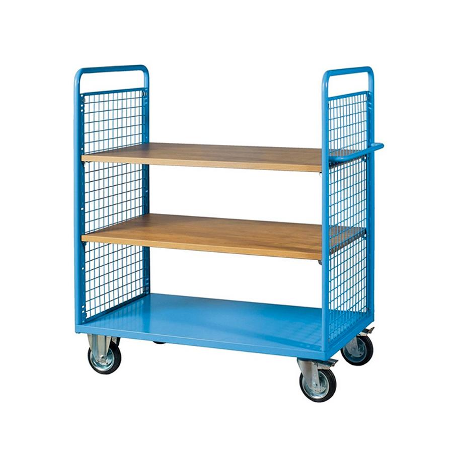Carrello con 2 sponde rete/2 Ripiani Legno/cm. L.110xP.70xH.150