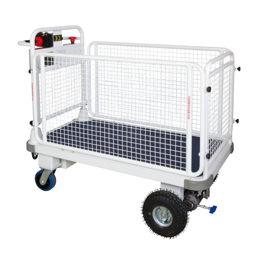 Carrello elettrico con 4 sponde rete ruote antiforatura/cm. L.150xP.65xH.115
