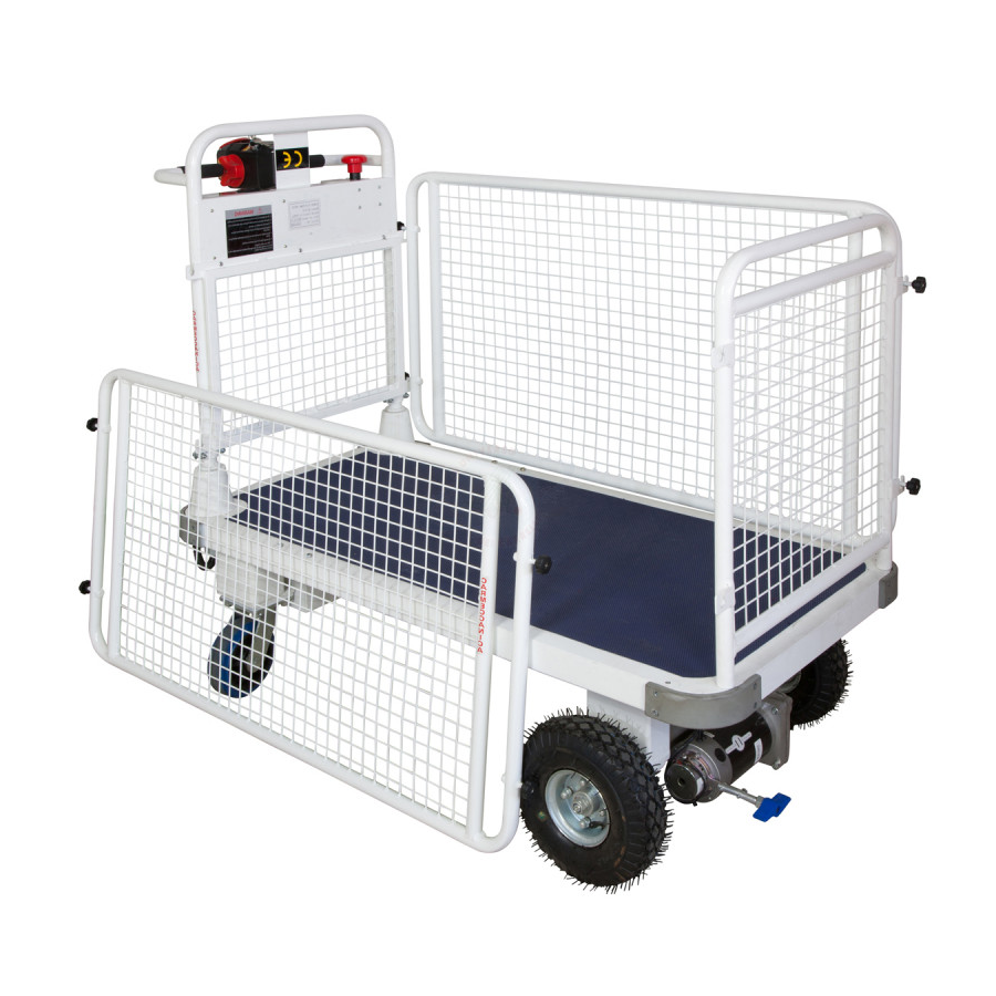 Carrello elettrico con 4 sponde rete ruote antiforatura/cm. L.150xP.65xH.115