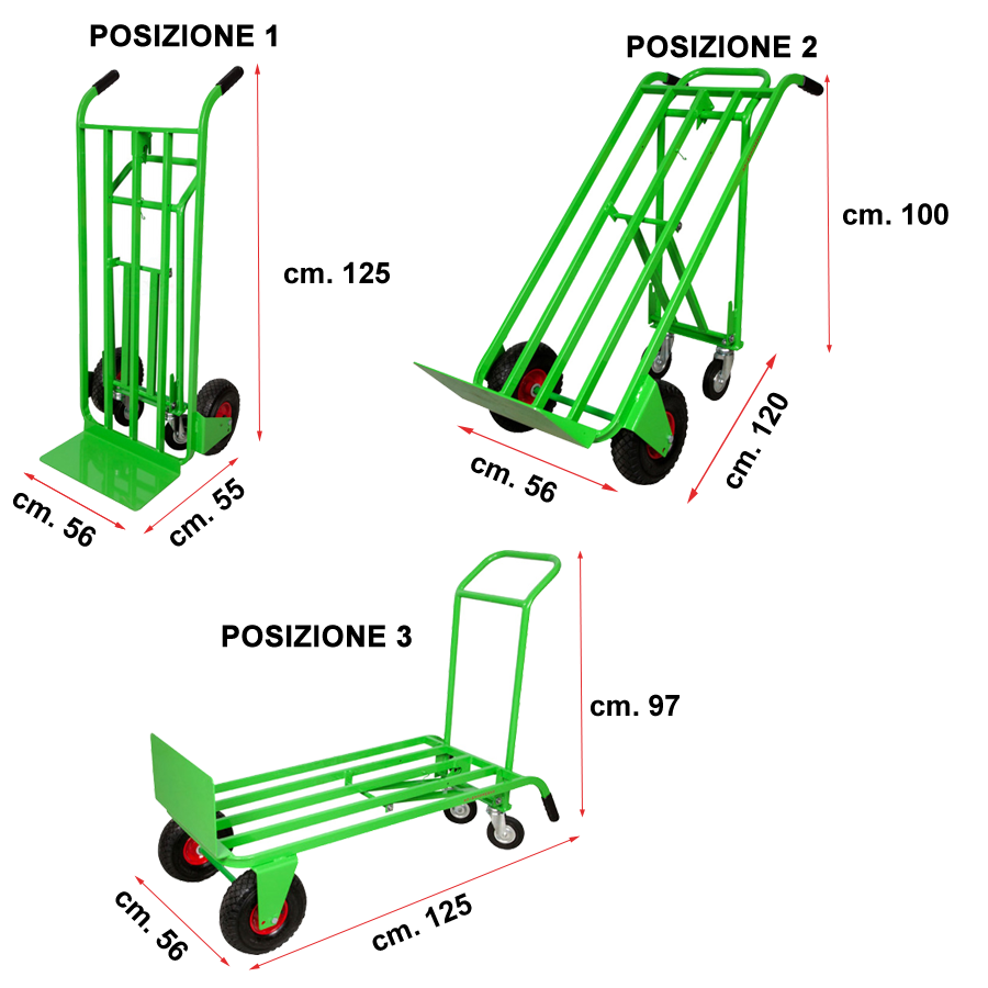 Carrello trasformabile in 3 posizioni/ Ruote pneumatiche