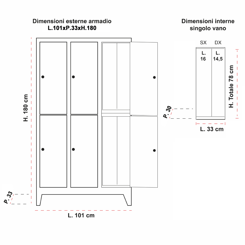 Armadio Spogliatoio Express Slim 6 Posti L.101xP.33xH.180 cm