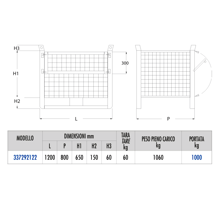 Contenitore rete con porta sul lato lungo - Dim.120x80x86 (1000 KG)