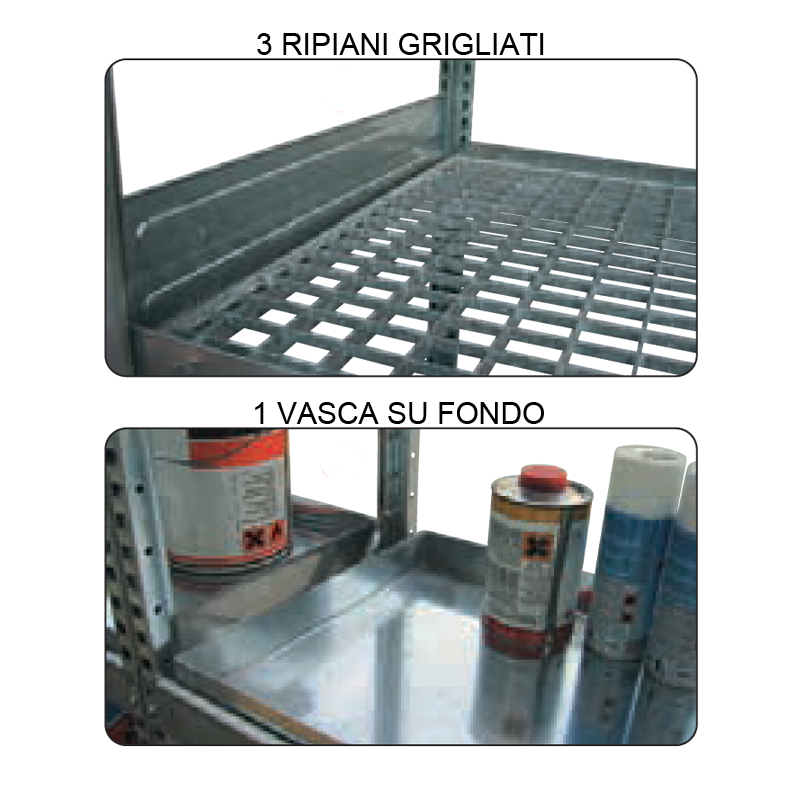 Scaffali con vasca e ripiani grigliati / cm. L.130xP.60xH.220 AGG.
