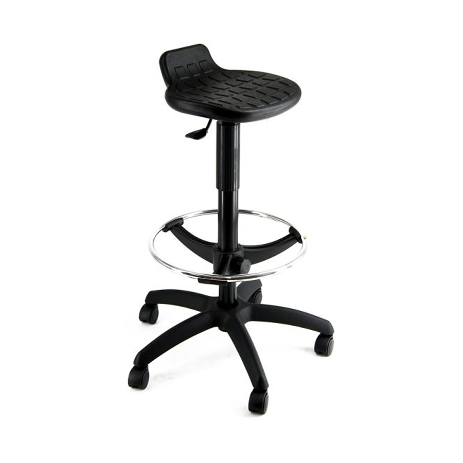 Sgabello lavoro BASTET: Seduta rigida, Poggiapiedi, Regolazione 65/90cm c/Ruote