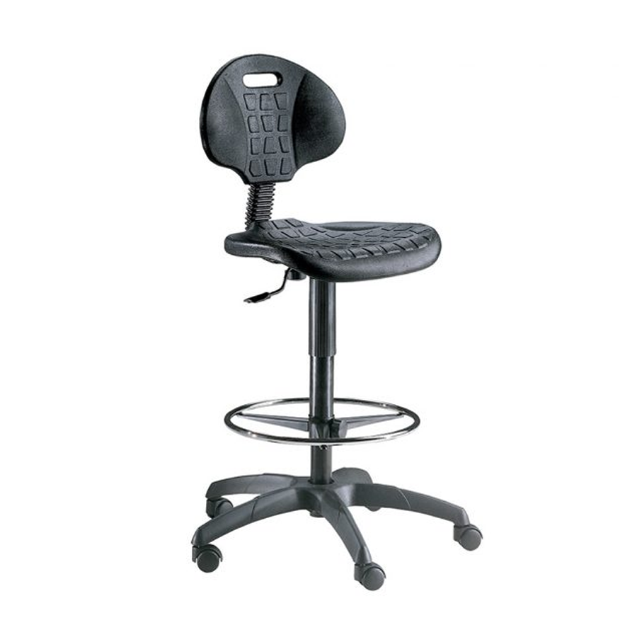 Sgabello Tecnico HEKET: Seduta rigida, Schienale Alto, Poggiapiedi, Regolazione 59/84cm c/Ruote