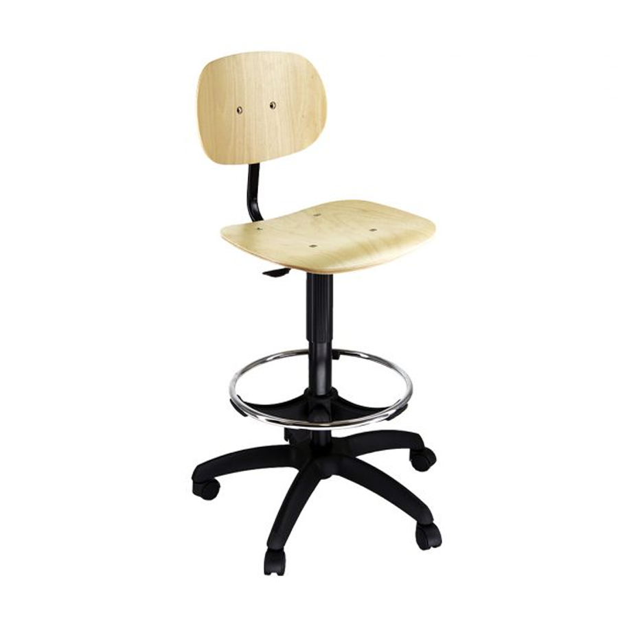 Sgabello lavoro legno MAAT: Poggiapiedi, Regolazione 58/84 cm, FAGGIO, c/Ruote