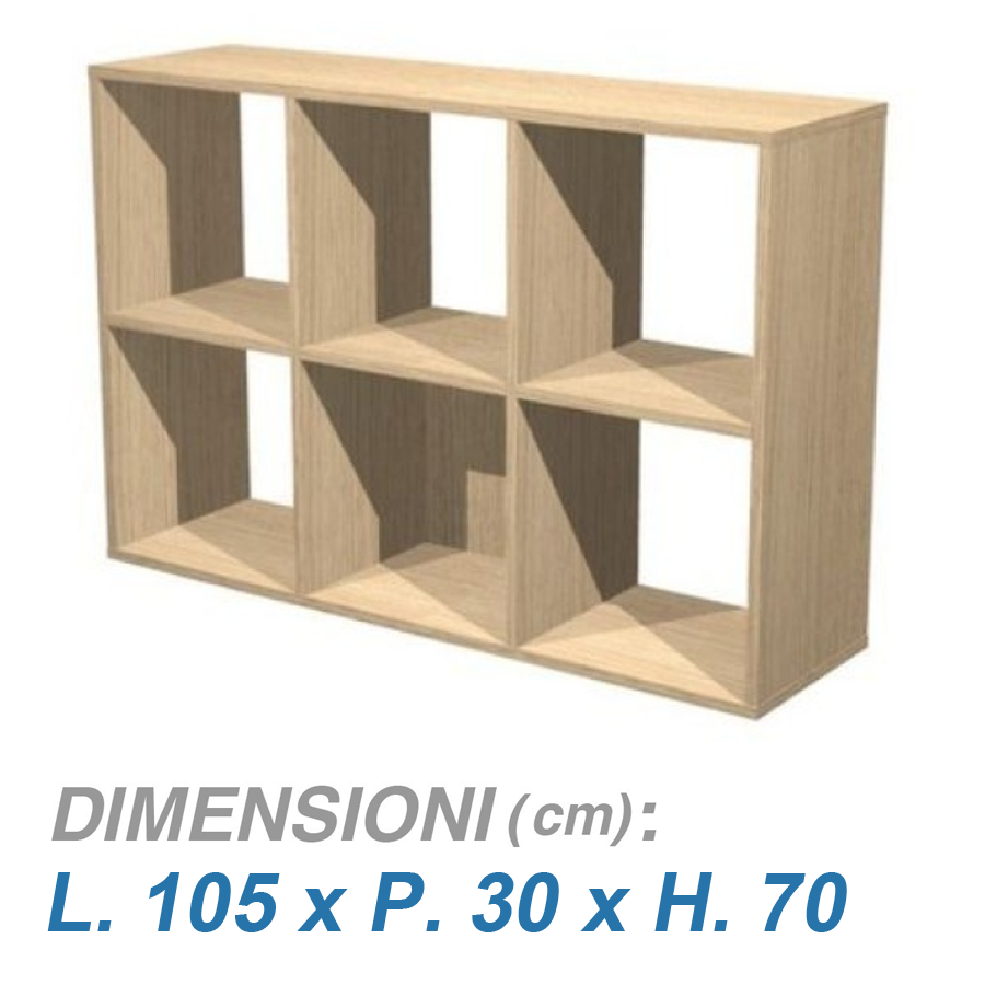 Libreria a 6 caselle per ufficio RAINBOW / cm. L.105xP.30xH.70 ROVERE