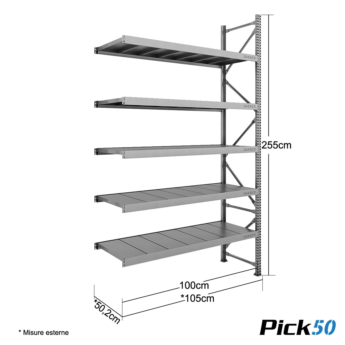 Scaffale Magazzino Robusto - cm. L.100xP.50xH.255 - Pick50 (Agg.)