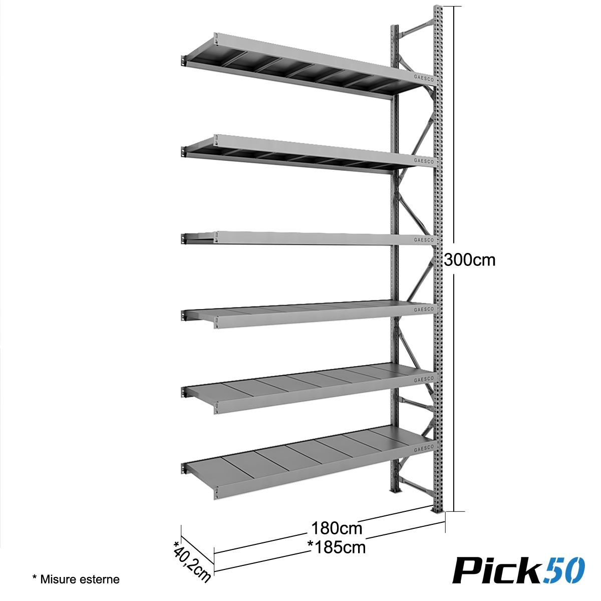 Scaffale Magazzino Robusto - cm. L.180xP.40xH.300 - Pick50 (Agg.)
