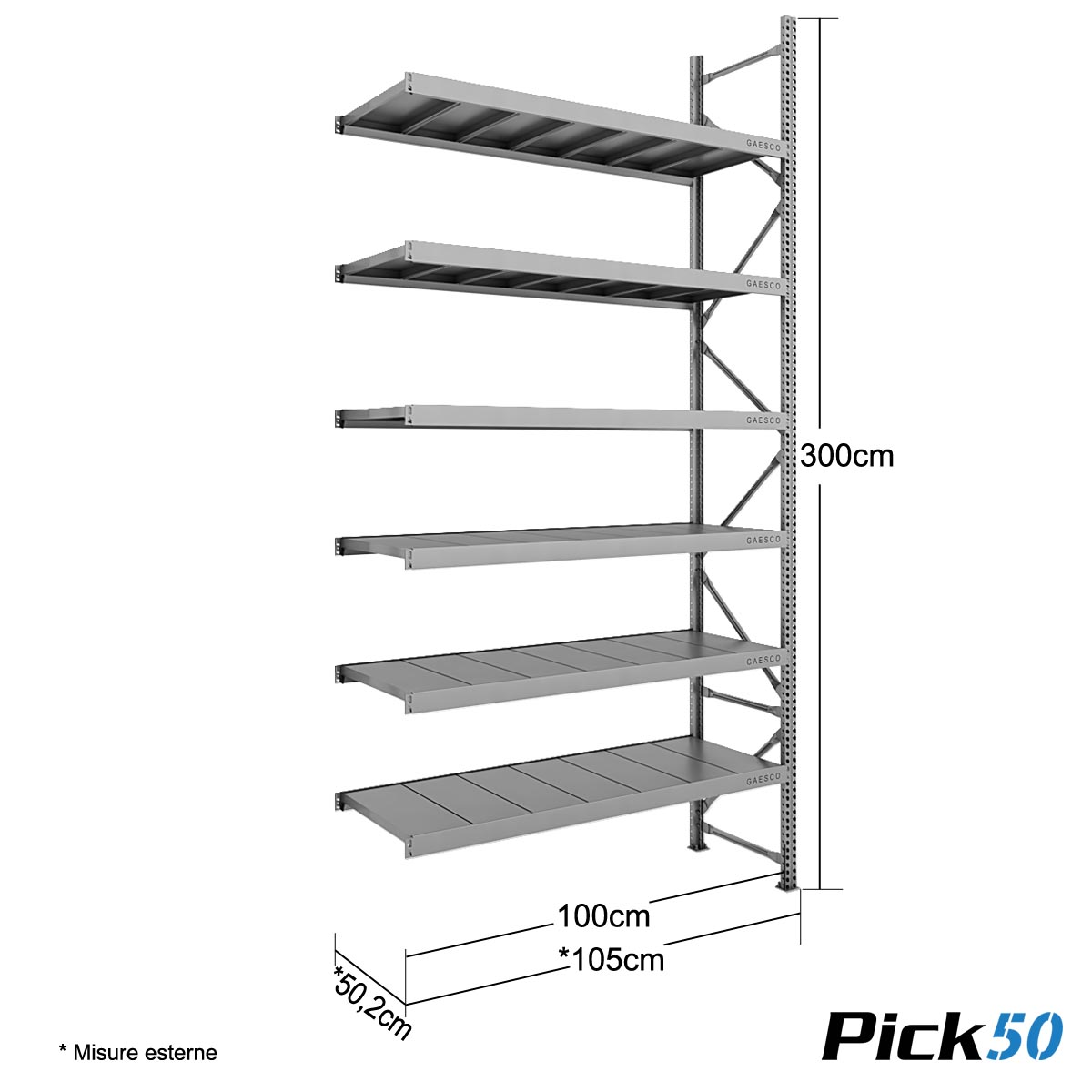Scaffale Magazzino Robusto - cm. L.100xP.50xH.300 - Pick50 (Agg.)