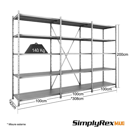 Scaffale Metallico SIMPLYREX - cm. L.300xP.40xH.200 (KIT)