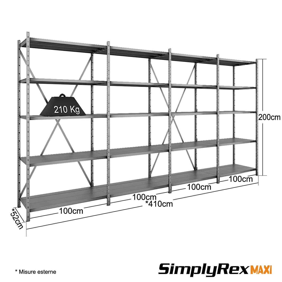 Scaffale Metallico SIMPLYREX - cm. L.400xP.50xH.200 (KIT)
