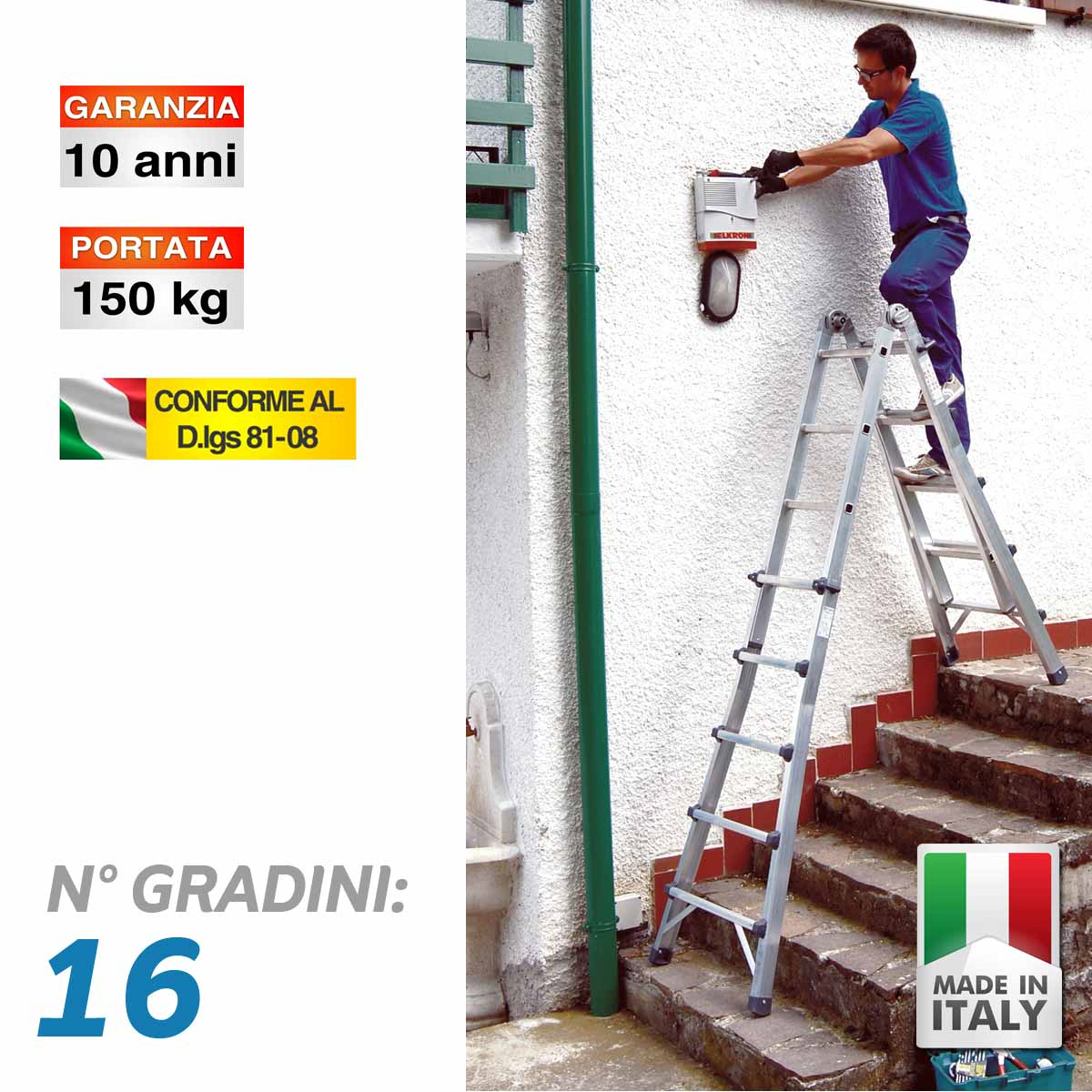 Scala professionale multiuso a sfilo telescopico - 16 gradini