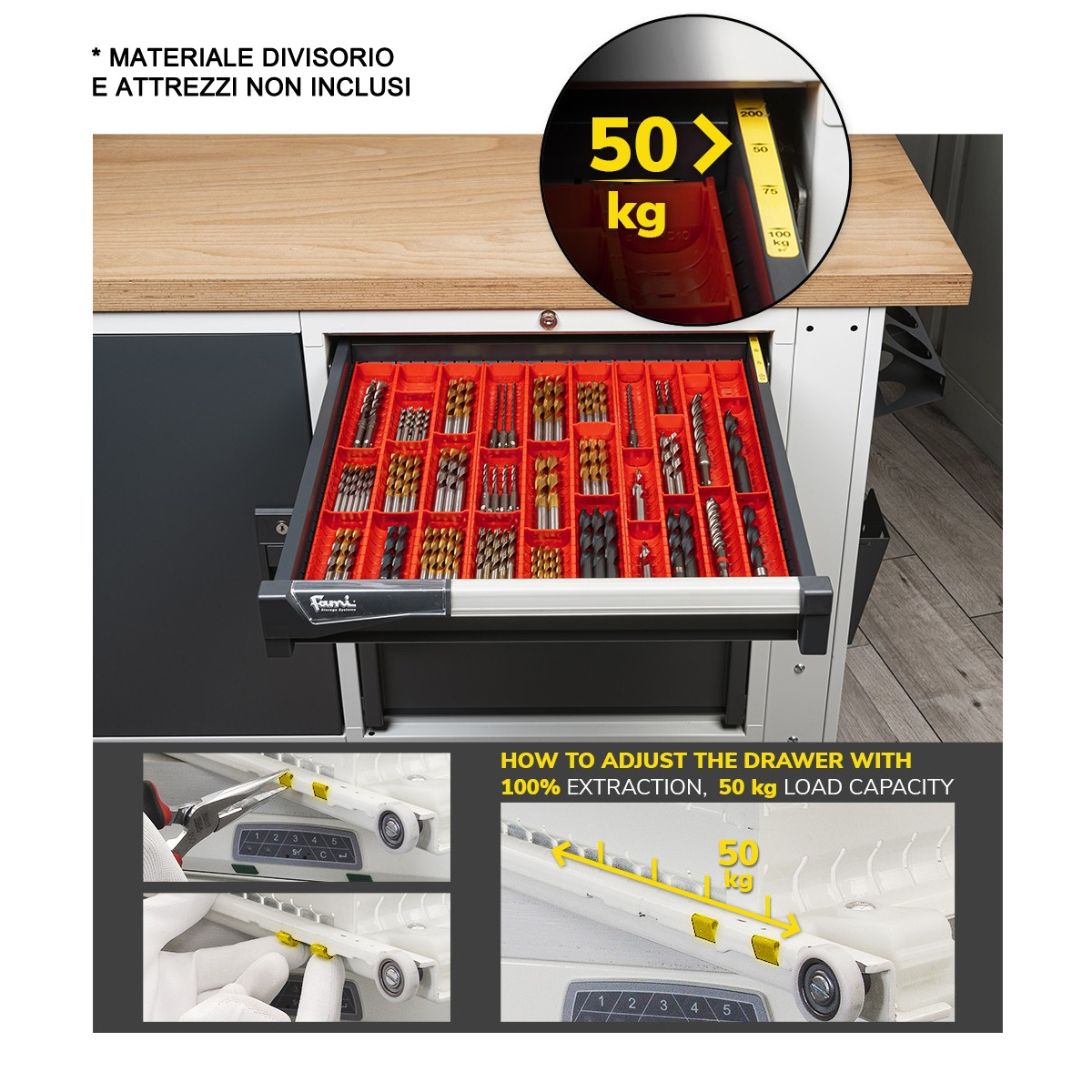 Banco da lavoro piano in legno H regolabile (GRIGIO) / cm. L.200xP.75xH.74/111,5 – FAMI MASTERBR 2003