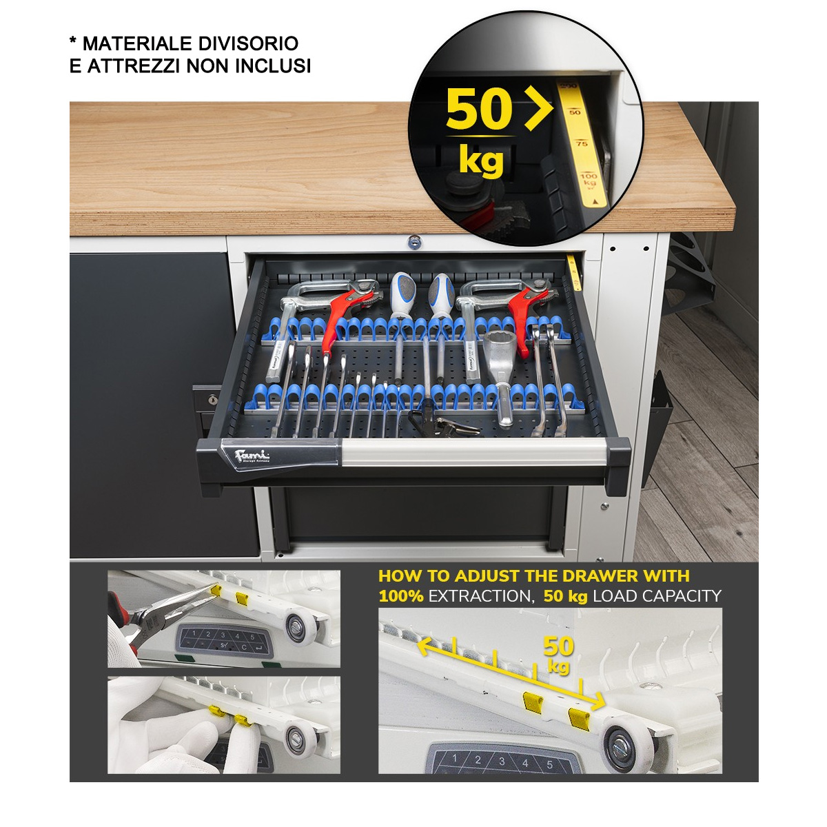 Banco da lavoro piano in legno H regolabile (GRIGIO) / cm. L.200xP.75xH.74/111,5 – FAMI MASTERBR 2003