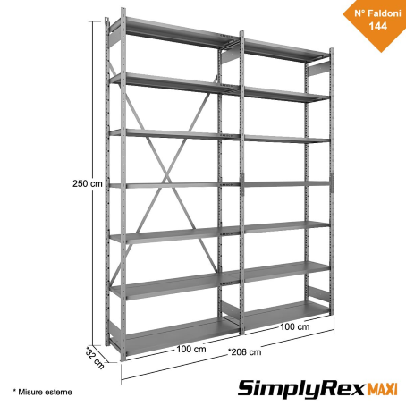 Scaffale archiviazione 144 Faldoni (7 Rip.) - cm. L.200xP.30xH.250