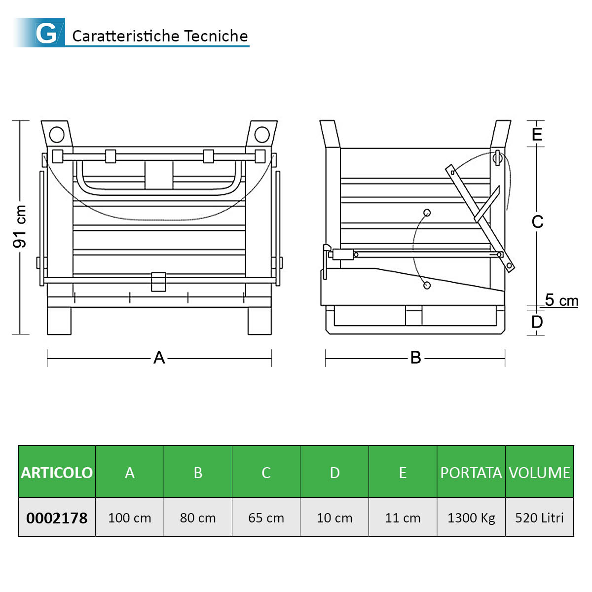 Contenitore a fondo apribile cm.100x80xH91(65) /1300Kg /520Lt