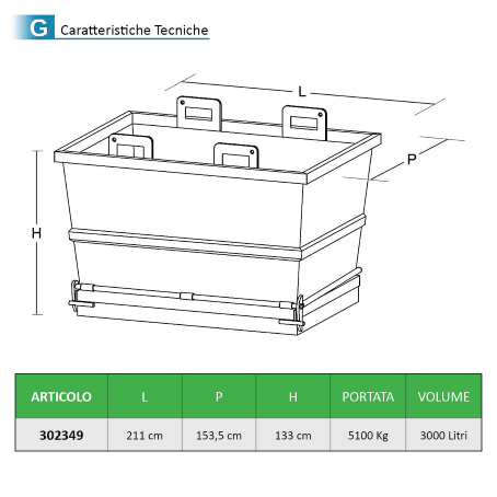 Contenitore per sfridi con fondo apribile cm.211x153xH133 /5100Kg /3000Lt