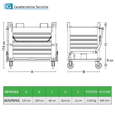 Contenitore a fondo apribile - 4 Ruote cm.120x100xH114 / 1350Kg - Fondello Unico